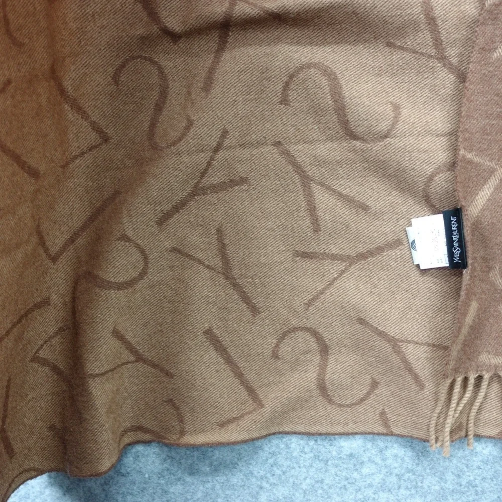 Vintage YVES SAINT LAURENT Wool Scarf Brown YSL Logo Shawl Wrap Fringe 70x140 cm - Picture 8 of 12